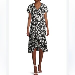 NEW Time and Tru Women's Ruffle Floral Midi Dress Black/white Size XXL